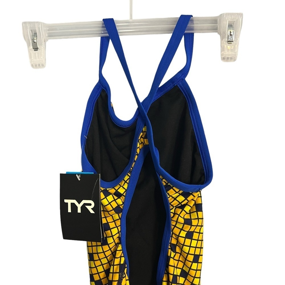 TYR Swimsuit One Piece Block Squares Yellow Black Open Back - Picture 5 of 13